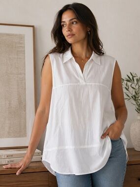 Vince White Sleeveless Popover Blouse XL Collared Stretch Cotton Minimalist